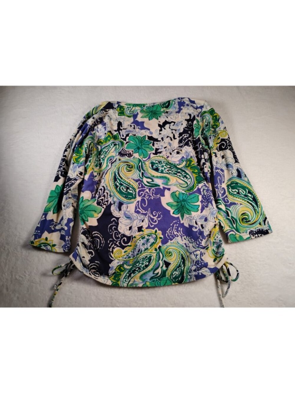 Caribbean Joe Size Medium Pullover Top V-Neck Floral Size Medium Green Blue - Picture 3 of 7
